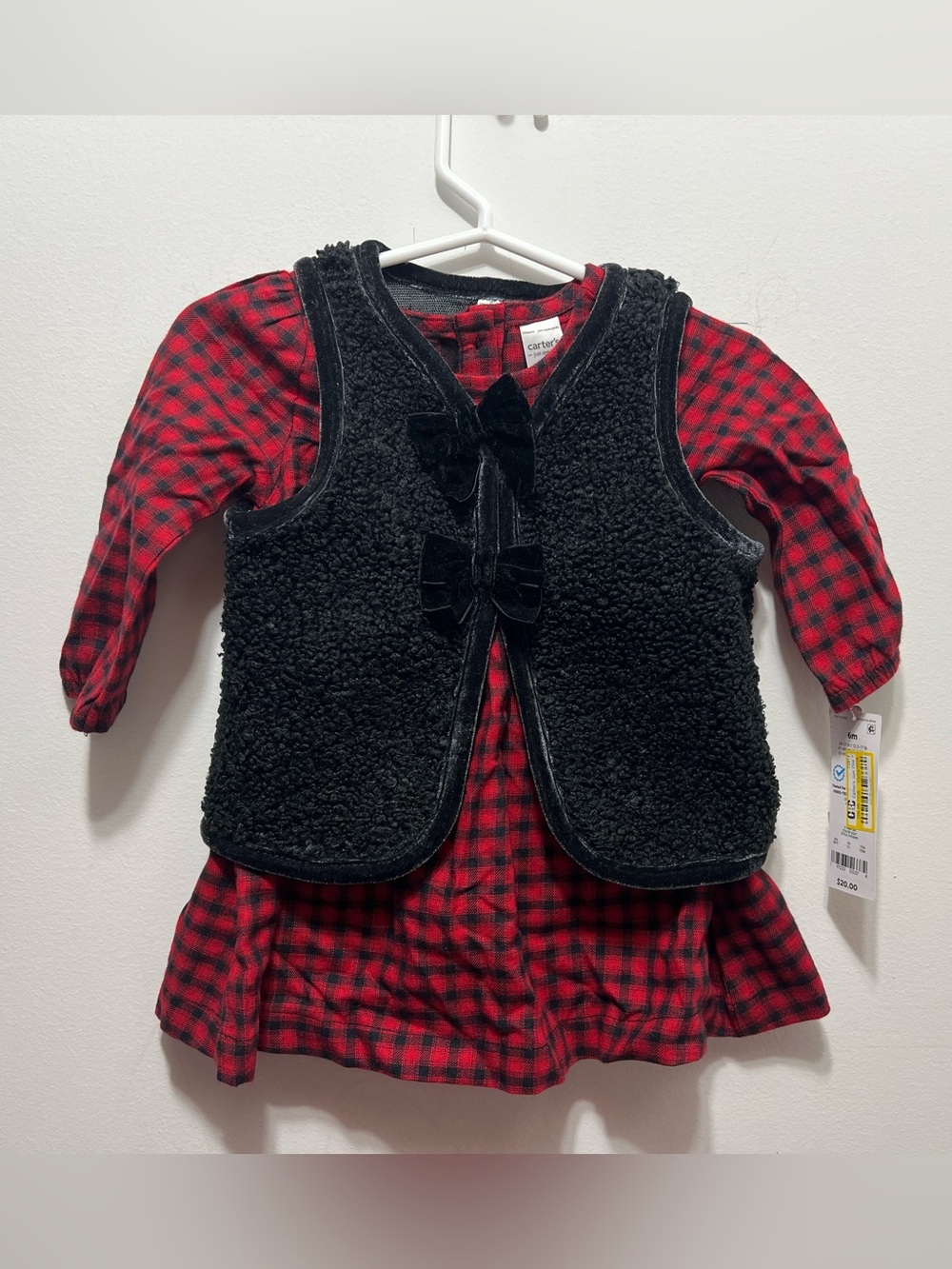 Carter's Black Sherpa Vest with Red Plaid Dress- 3 Piece  Set NWT